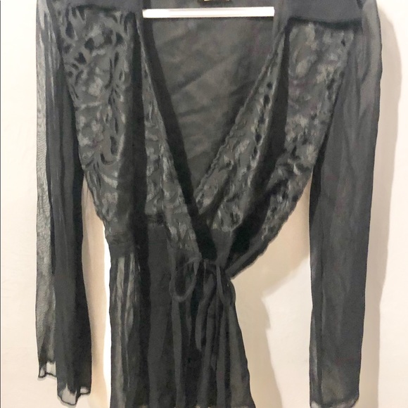 Black velvet translucent wrap floral print top S - Picture 5 of 5